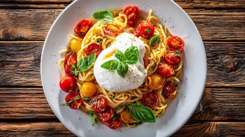 Burrata in Pasta mit Tomaten – Spaghetti mit Basilikum-Pesto, karamellisierte Kirschtomaten und cremige Burrata