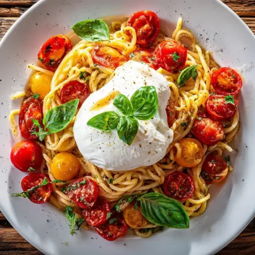 Burrata in Pasta mit Tomaten – Spaghetti mit Basilikum-Pesto, karamellisierte Kirschtomaten und cremige Burrata