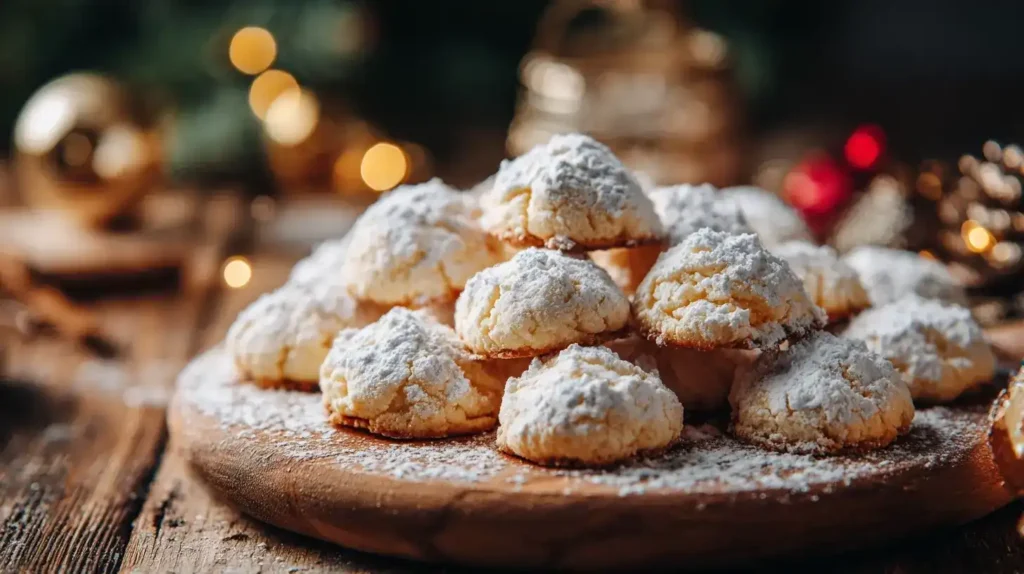 Frische Butterwölkchen Kekse auf Backblech mit Puderzucker