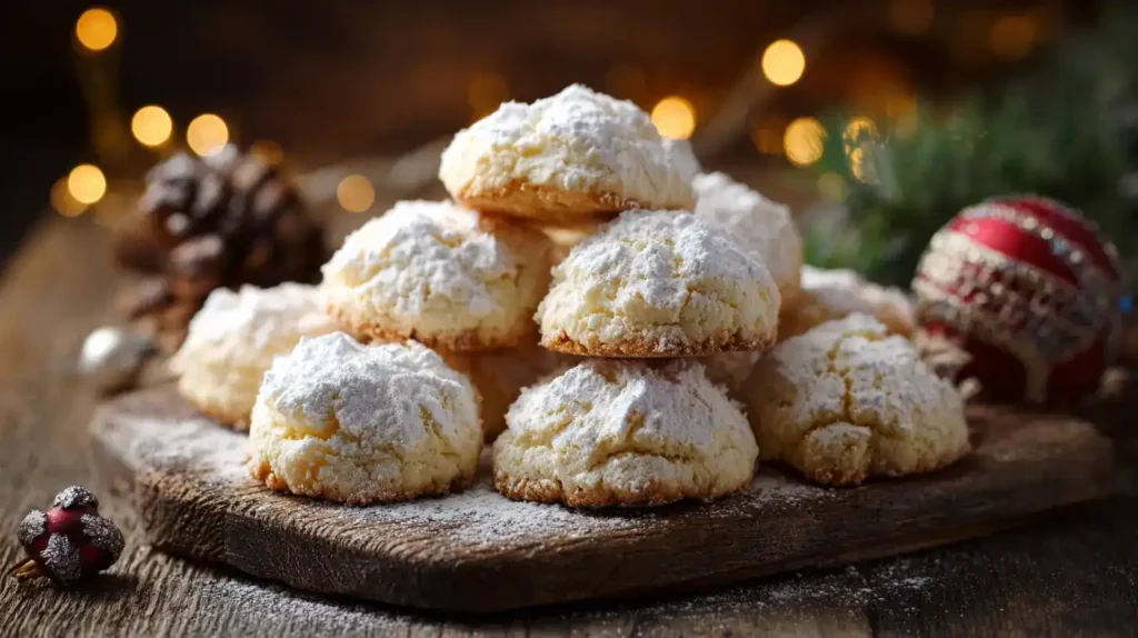 Butterwölkchen Plätzchen mit Puderzucker bestäubt auf Holzplatte