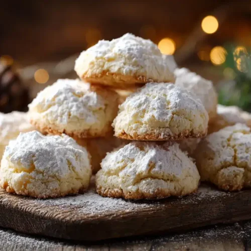 Butterwölkchen Plätzchen mit Puderzucker bestäubt auf Holzplatte