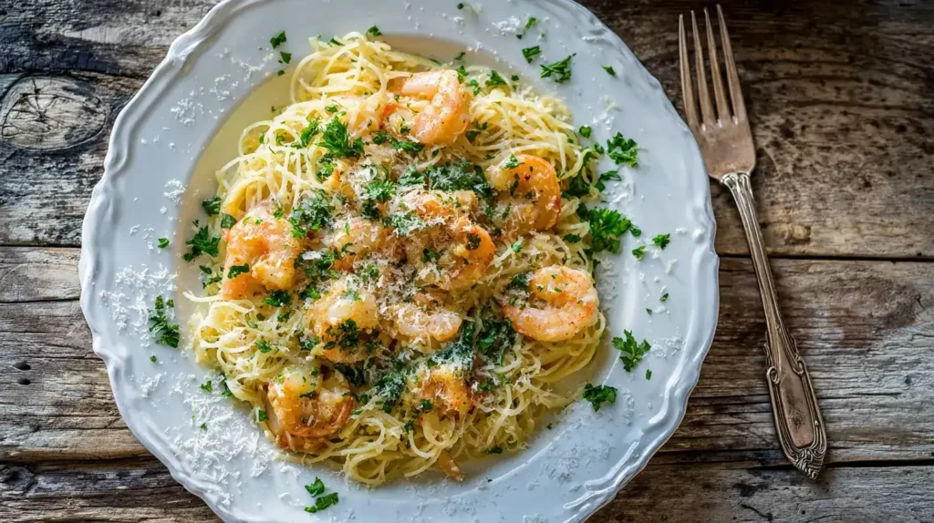 Nahaufnahme von Capellini mit Garnelen, frischer Petersilie und Parmesan in Zitronen-Sahnesoße