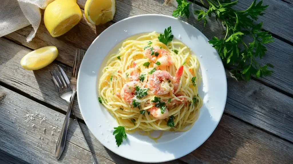 Capellini mit Garnelen in cremiger Zitronen-Sahnesoße auf weißem Teller serviert