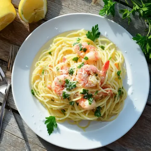 Capellini mit Garnelen in cremiger Zitronen-Sahnesoße auf weißem Teller serviert