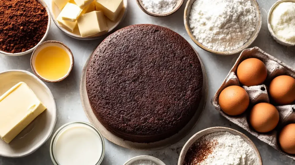 Einfacher Schokokuchen mit Zutaten – Eier, Kakao, Butter, Zucker, Milch