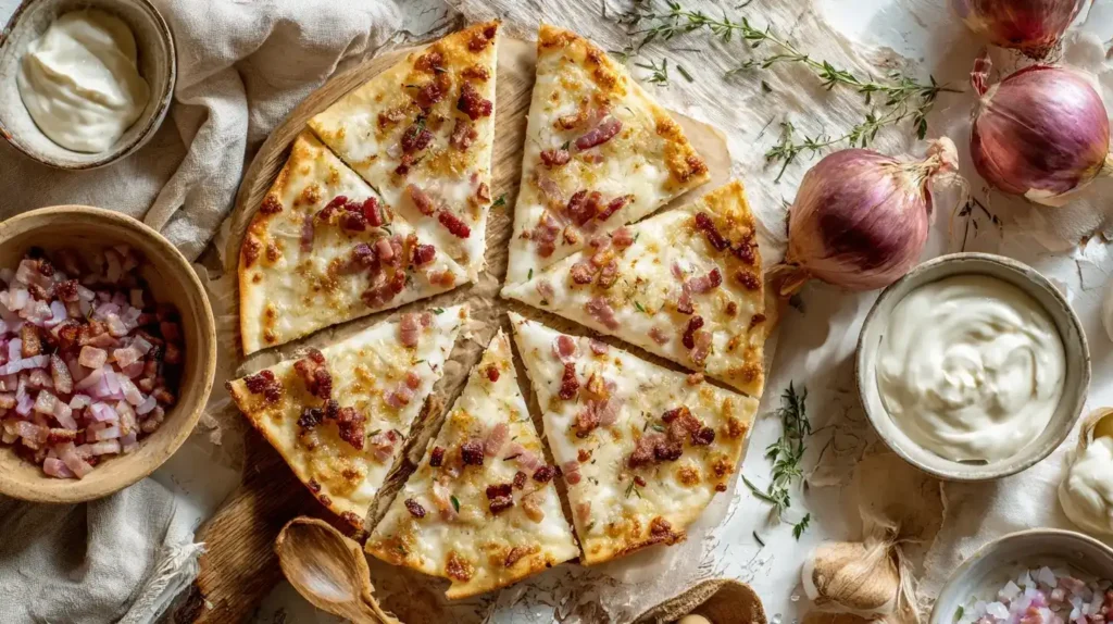 Knuspriger Flammkuchen nach Elsässer Art mit Speck und Zwiebeln auf rustikalem Holzbrett serviert.