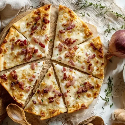 Knuspriger Flammkuchen nach Elsässer Art mit Speck und Zwiebeln auf rustikalem Holzbrett serviert.