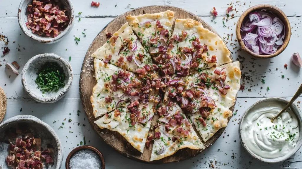 Fertiger Elsässer Flammkuchen in der Mitte, umgeben von Crème Fraîche, Speck und Zwiebeln als Zutaten.