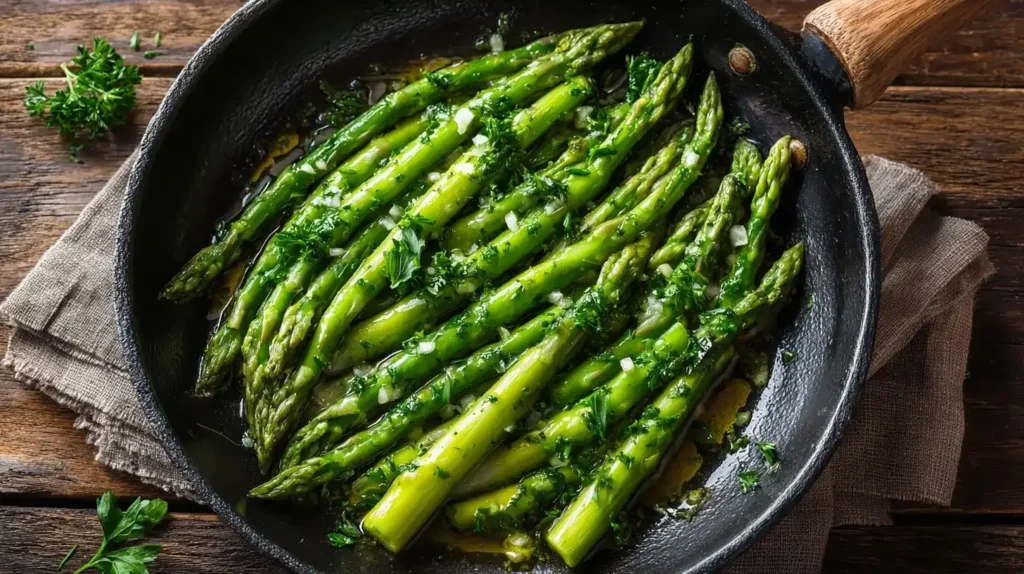Gebratener grüner Spargel mit Olivenöl und Kräutern, appetitlich angerichtet auf Teller