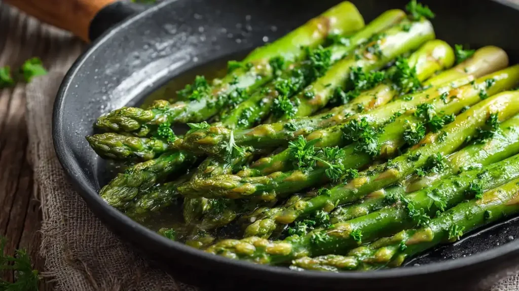 Knackiger grüner Spargel in der Pfanne mit Knoblauch und Petersilie, frisch zubereitet