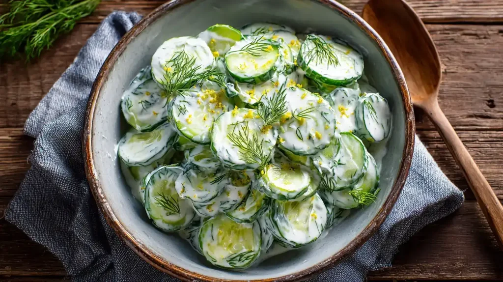Gurkensalat mit Joghurt-Dressing, frisch serviert in rustikalem Teller, garniert mit Dill