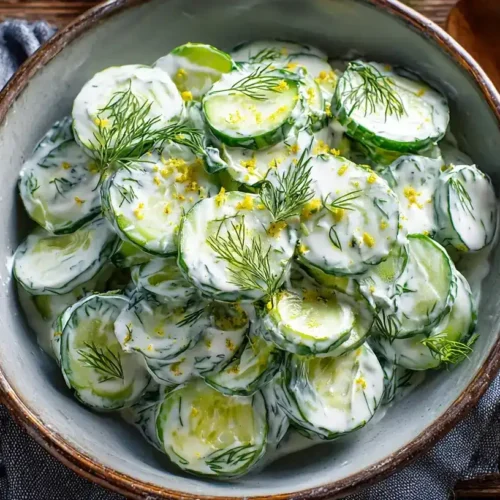 Gurkensalat mit Joghurt-Dressing, frisch serviert in rustikalem Teller, garniert mit Dill