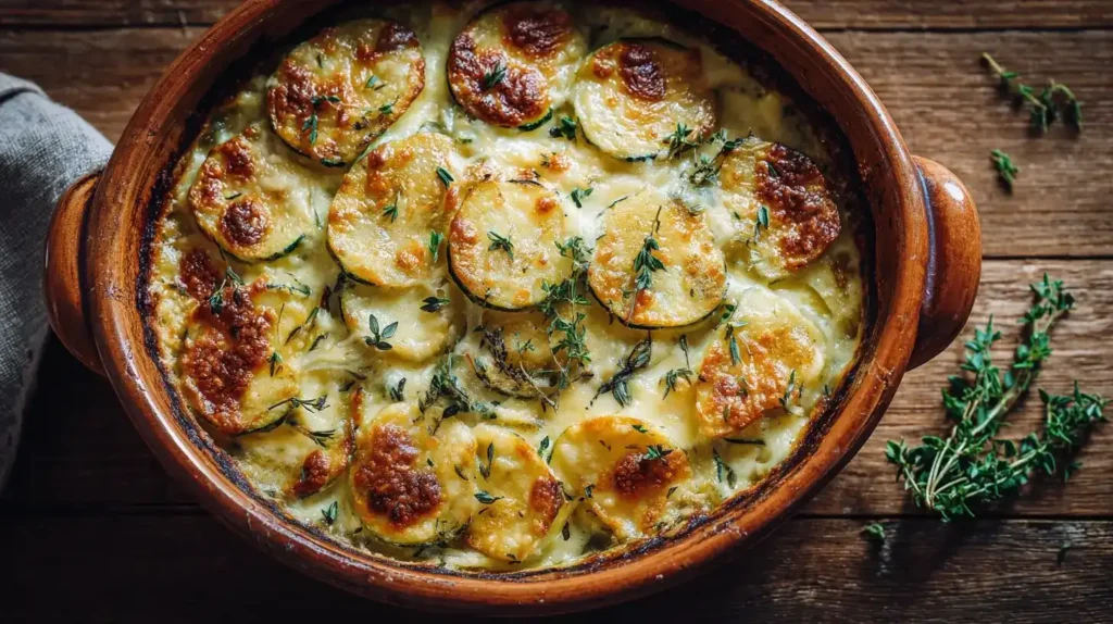 Ofenfrischer Kartoffel-Zucchini-Auflauf mit goldbrauner Käsekruste