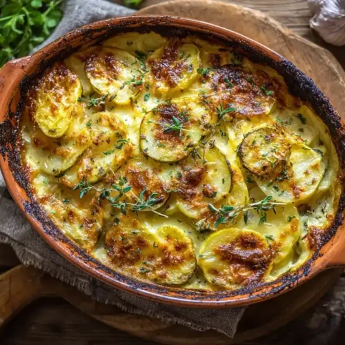 Cremiger Kartoffel-Zucchini-Auflauf mit geschmolzenem Käse