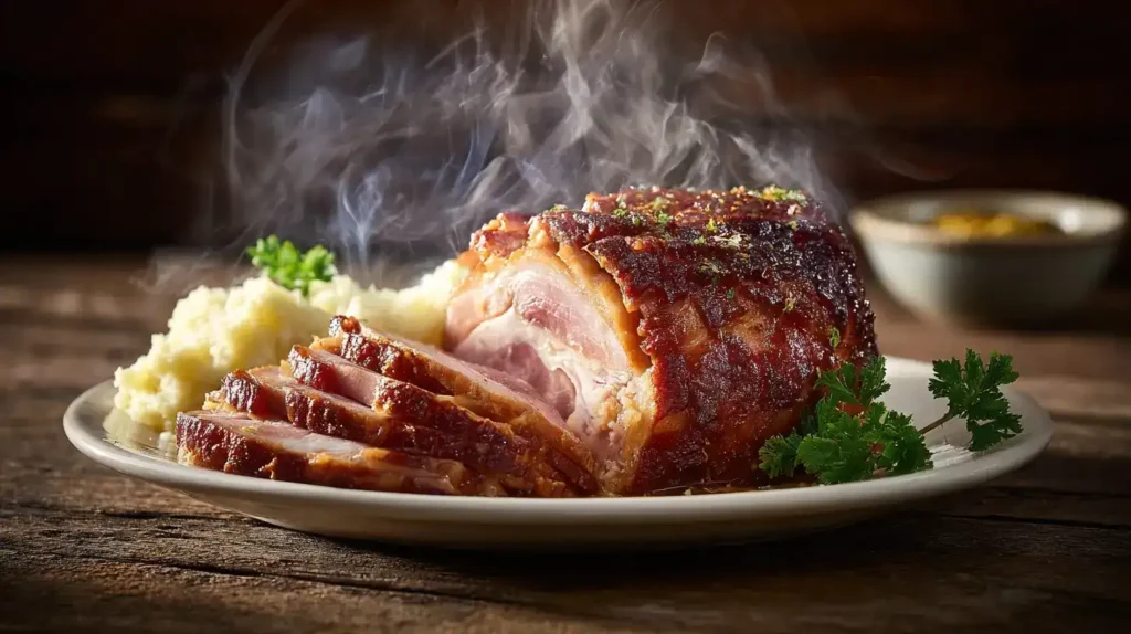 Kassler – Saftiger Braten aus dem Ofen Saftiger Kassler Braten aus dem Ofen auf Servierteller mit Sauce und Kartoffelpüree