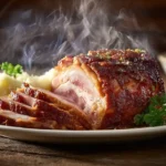 Saftiger Kassler Braten aus dem Ofen auf Servierteller mit Sauce und Kartoffelpüree