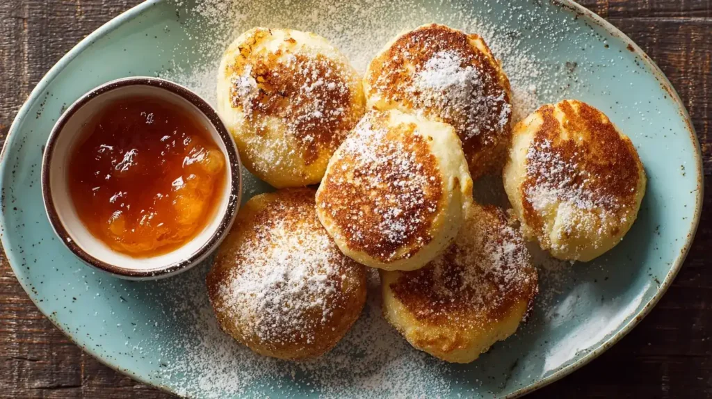 Goldbraune Quarkkeulchen auf einem Teller mit Apfelmus