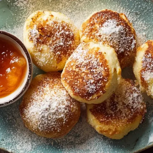 Goldbraune Quarkkeulchen auf einem Teller mit Apfelmus