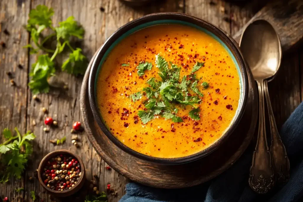 Cremige rote Linsensuppe mit Kokosmilch serviert in einer Schüssel