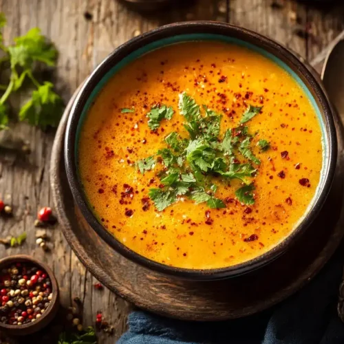Cremige rote Linsensuppe mit Kokosmilch serviert in einer Schüssel