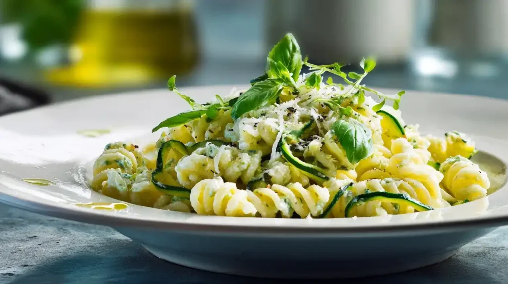 Nahaufnahme einer Schüssel Zucchini-Pasta mit Ricotta, verfeinert mit Olivenöl und frisch geriebenem Pecorino