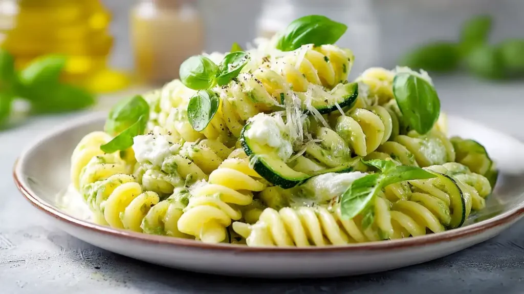 Zucchini-Pasta mit Ricotta – cremige italienische Pasta mit frischen Zucchiniwürfeln, Basilikum und Parmesan