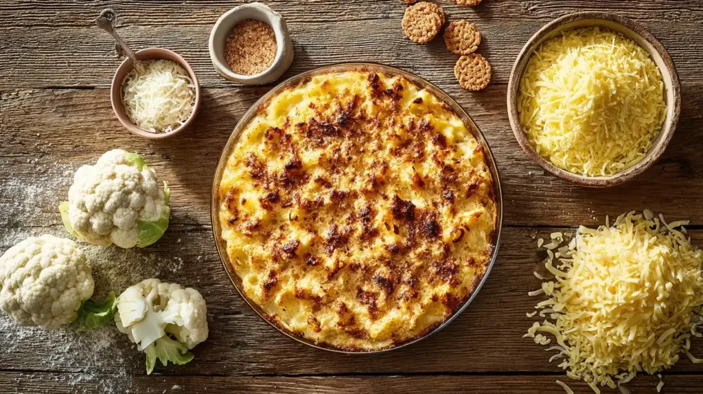 Blumenkohl-Makkaroni-Auflauf in der Mitte mit Zutaten wie Käse, Cracker und Schinken drumherum