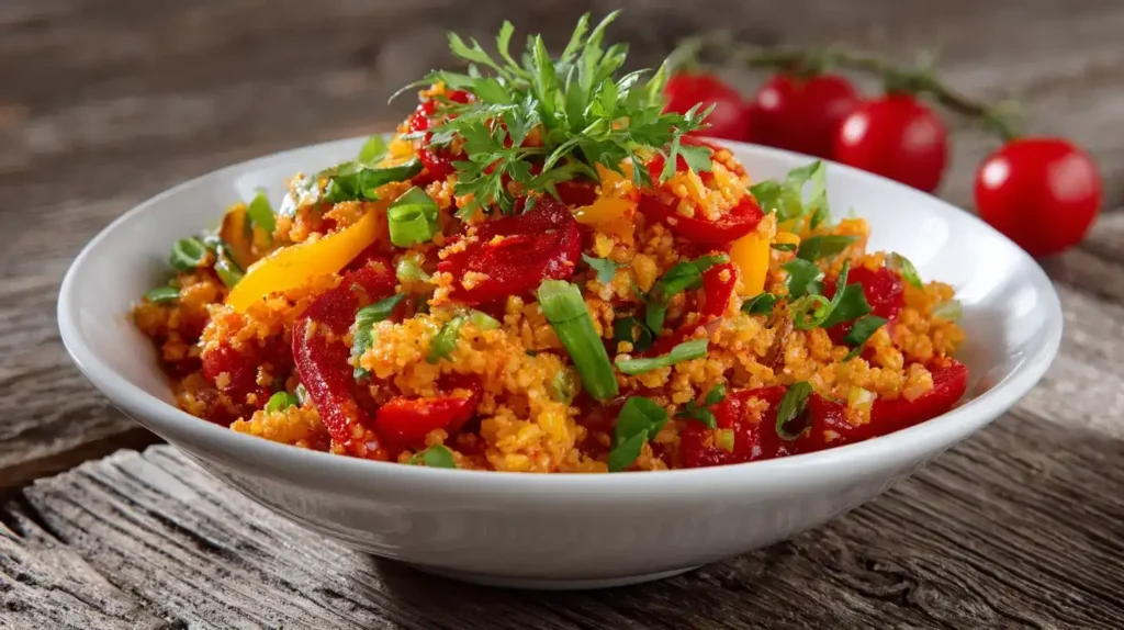 Frischer, bunter Bulgursalat mit Paprika, Tomaten und Petersilie auf Teller serviert