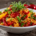 Frischer, bunter Bulgursalat mit Paprika, Tomaten und Petersilie auf Teller serviert