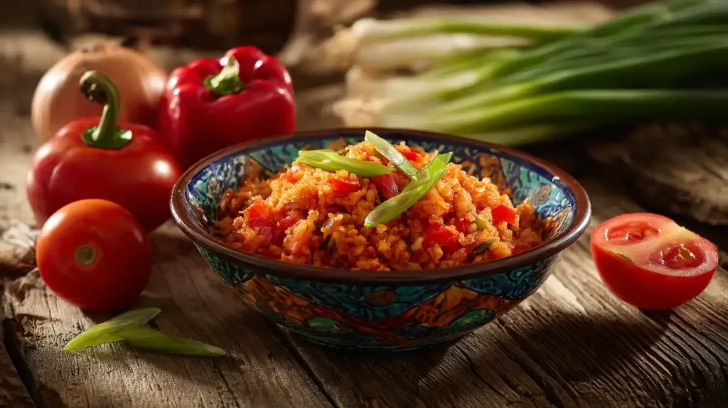 Schüssel mit Bulgursalat, Dressing und Kräutern, gesunde Mahlzeit