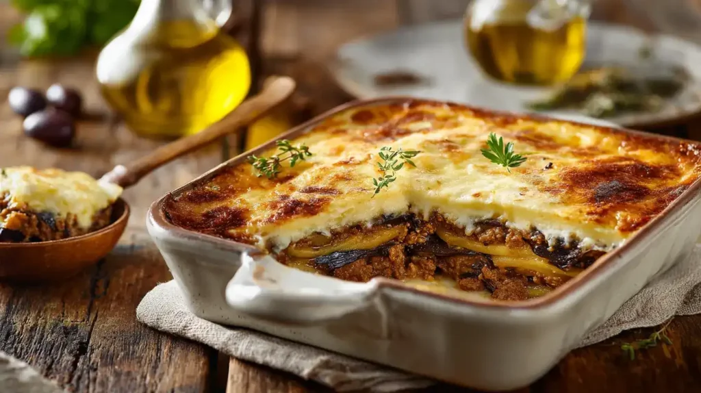 Schichten von Moussaka mit Hackfleisch, Auberginen, Kartoffeln und Béchamelsauce in Auflaufform