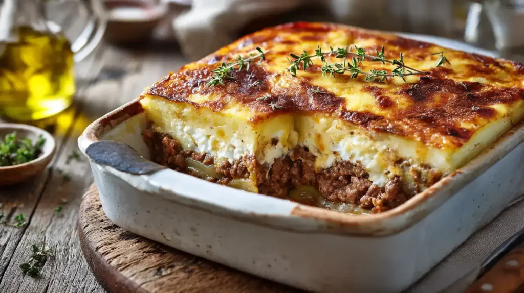 Moussaka – das griechische Original-Rezept für den Geschmack des Mittelmeers Moussaka Rezept – griechischer Auflauf mit Auberginen, Kartoffeln und Béchamelsauce, serviert auf Teller