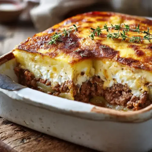 Moussaka Rezept – griechischer Auflauf mit Auberginen, Kartoffeln und Béchamelsauce, serviert auf Teller