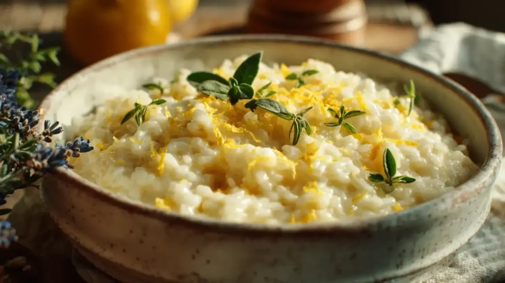 Ofenrisotto im Schmortopf mit Zitronenschale, Thymian und geschmolzenem Parmesan – mediterranes Familiengericht.