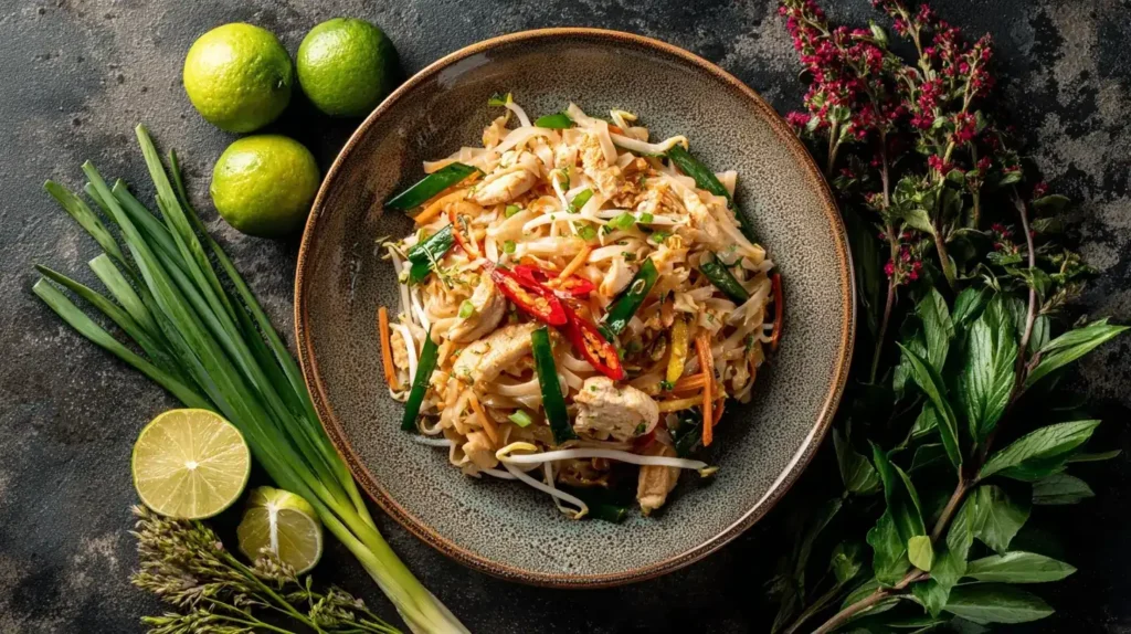 Pad Thai mit Hähnchen auf Teller, mit Hähnchenstreifen, Sojasprossen und Peperoni arrangiert