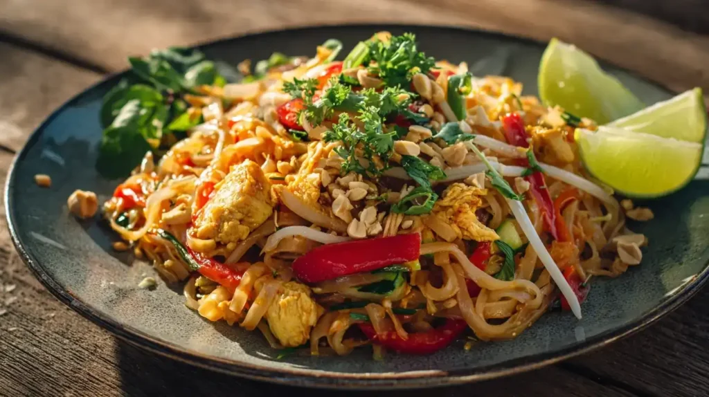 Frisch zubereitetes Pad Thai mit Hähnchen, bunten Nudeln und frischem Gemüse