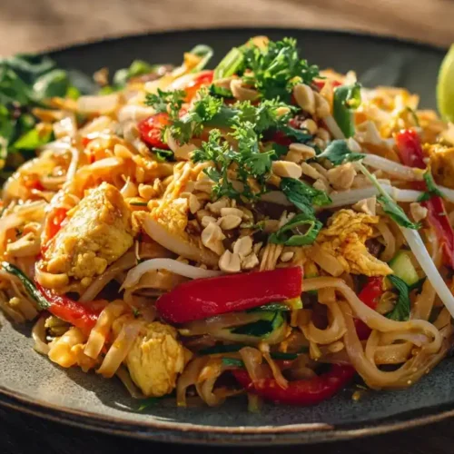 Frisch zubereitetes Pad Thai mit Hähnchen, bunten Nudeln und frischem Gemüse