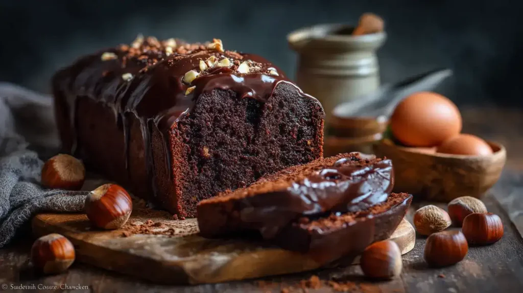 Anschnitt eines saftigen Schoko-Nuss-Kuchens mit weicher Krume und Nüssen