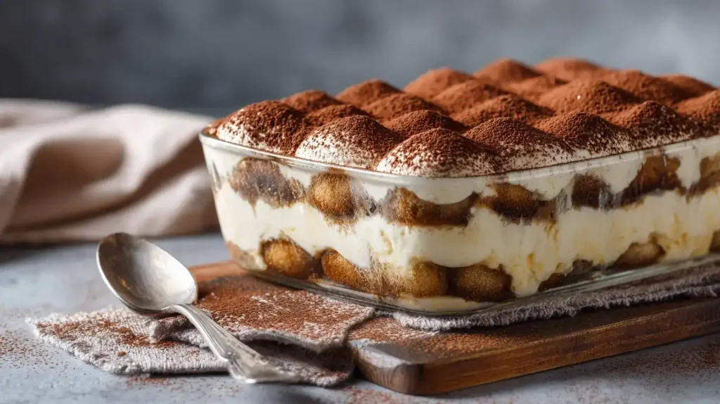Italienisches Tiramisu Original Rezept mit Mascarpone, Espresso und Kakaopulver in einer Glasschale
