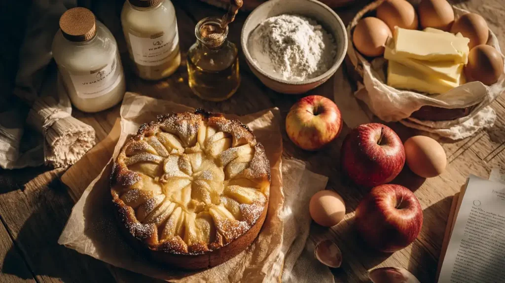 Eingeschnittene Apfelviertel werden auf den Teig gelegt für versunkenen Apfelkuchen