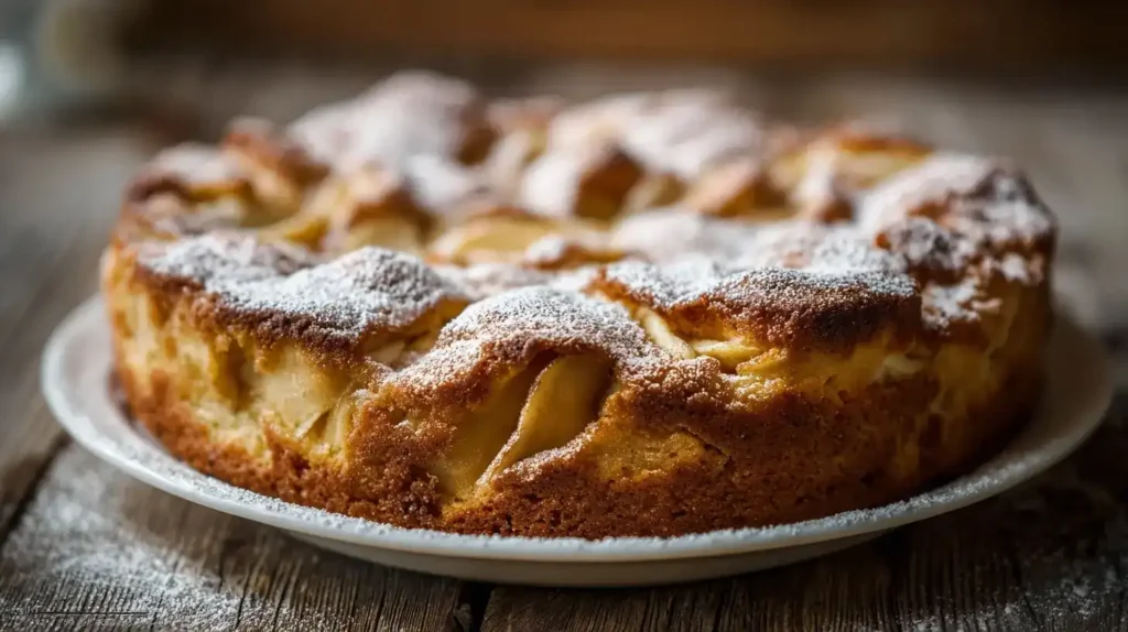 Versunkener Apfelkuchen nach Omas Rezept, frisch gebacken, mit Puderzucker bestäubt