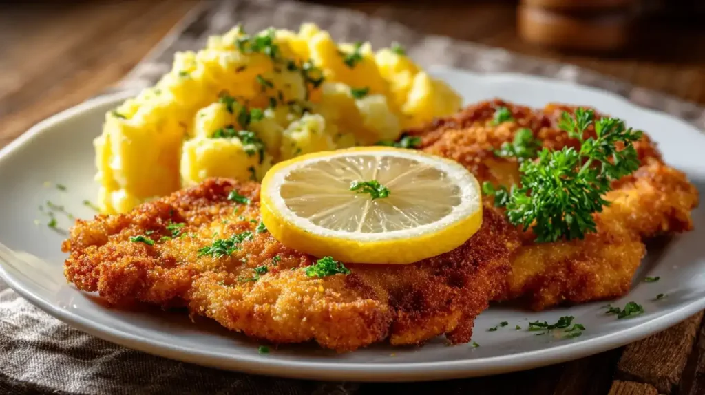 Knuspriges Wiener Schnitzel auf Teller mit Zitrone und Kartoffelsalat