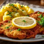 Knuspriges Wiener Schnitzel auf Teller mit Zitrone und Kartoffelsalat