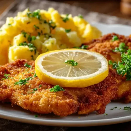 Knuspriges Wiener Schnitzel auf Teller mit Zitrone und Kartoffelsalat