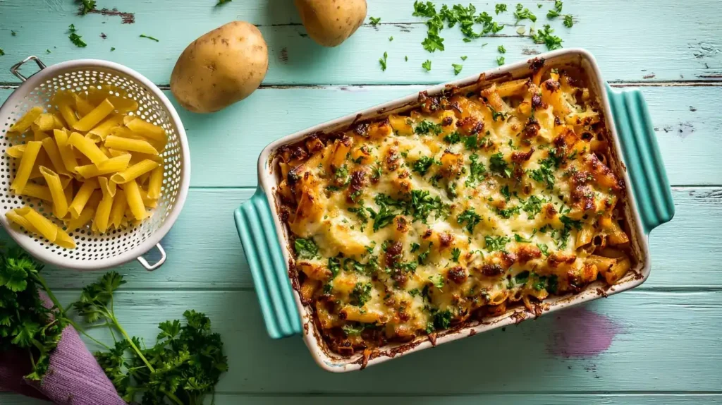 Cremiger Kartoffel-Nudel-Auflauf mit Erbsen und Schinken, frisch aus dem Ofen serviert