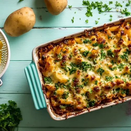 Cremiger Kartoffel-Nudel-Auflauf mit Erbsen und Schinken, frisch aus dem Ofen serviert