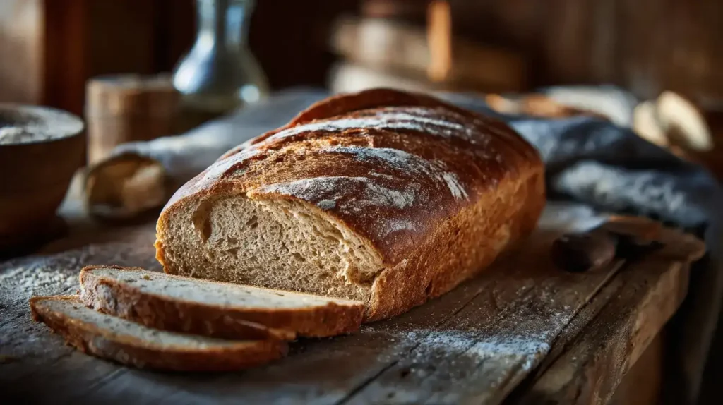 Frisch gebackenes Dinkelvollkornbrot mit knuspriger Kruste auf Holzbrett