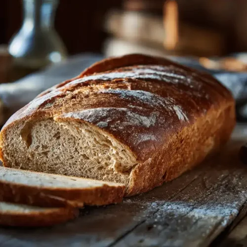 Frisch gebackenes Dinkelvollkornbrot mit knuspriger Kruste auf Holzbrett