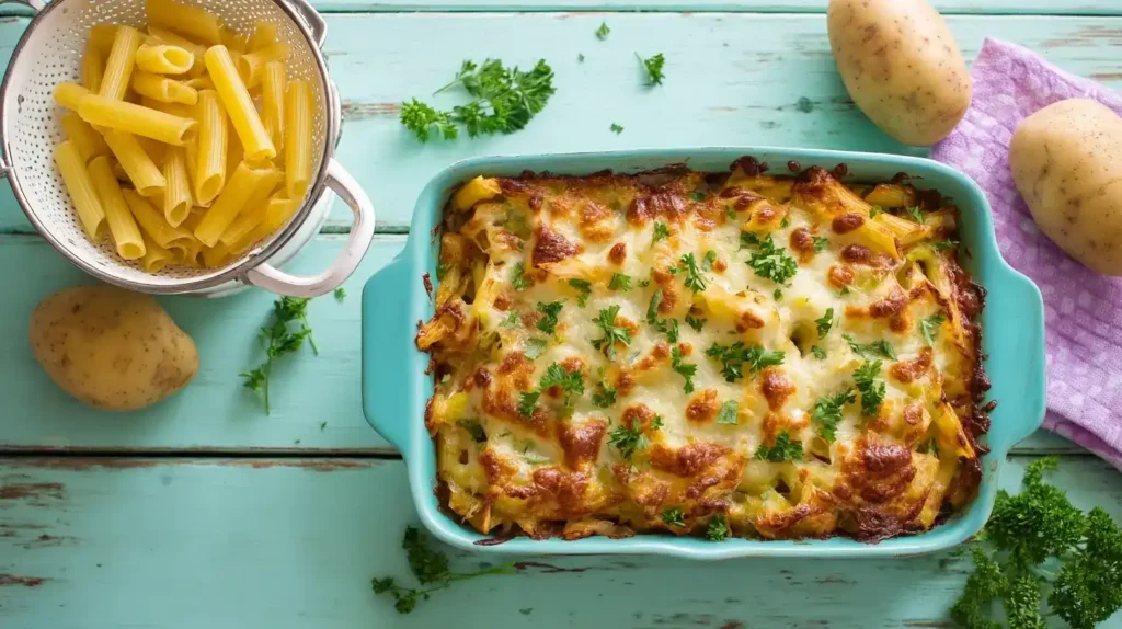 Kartoffel-Nudel-Auflauf mit Erbsen und Schinken, cremig überbacken in Auflaufform