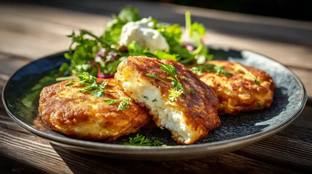 Knusprige Semmelbrösel-Frikadellen mit Feta auf Teller serviert